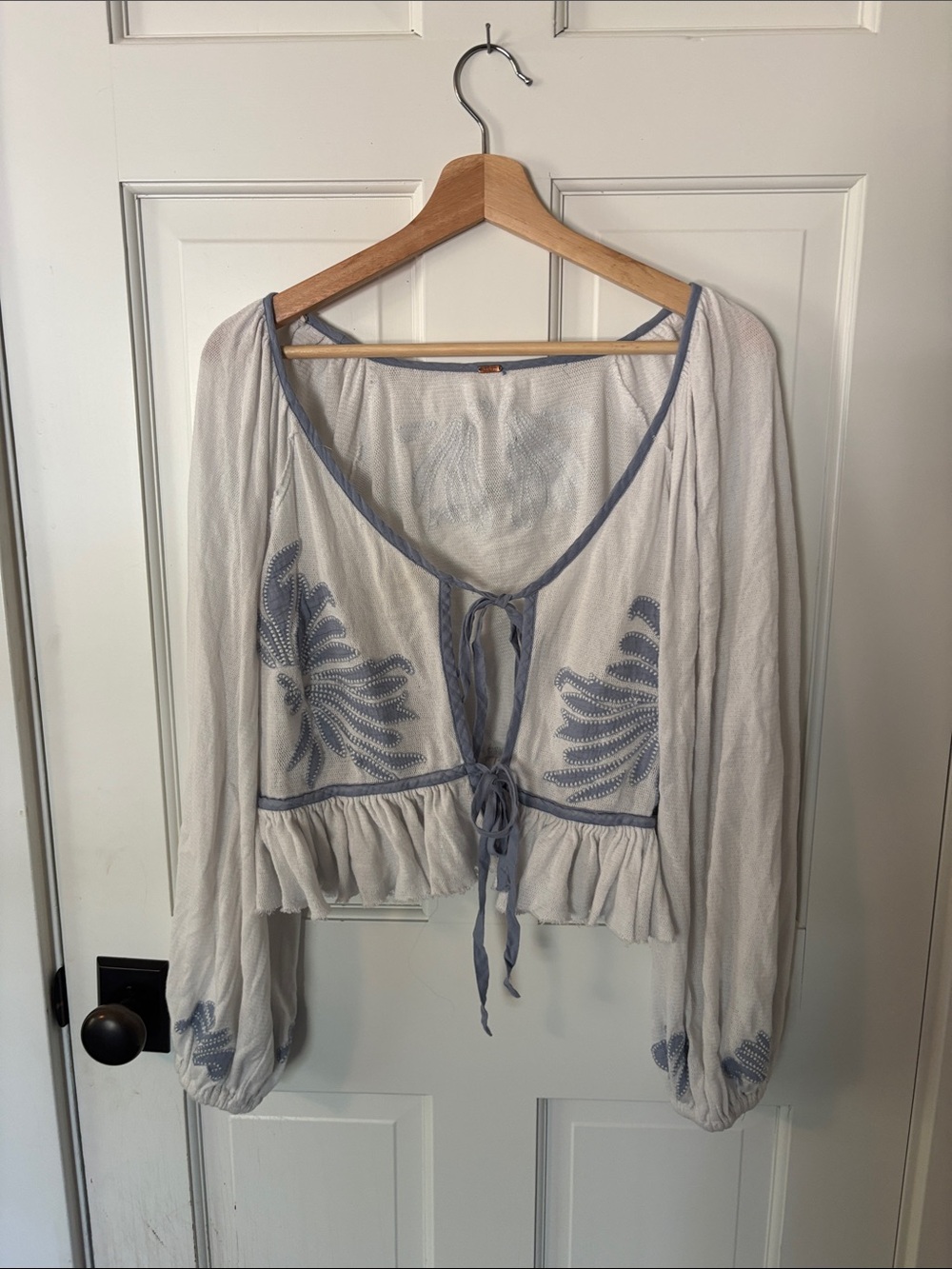 Free People White Peasant Tie-Front Blouse with Blue Embroidery
